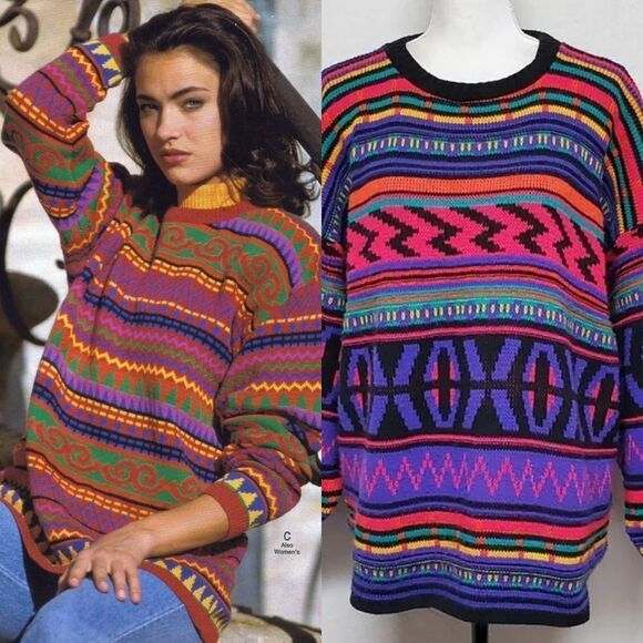 Vintage 1980s Jordache Neon Retro Bodacious Crewneck Boxy Colorblock Sweater 22W - Picture 1 of 12